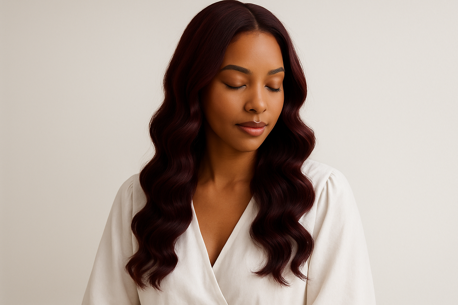 A serene Black or mixed-race woman, mid-shot, with a peaceful expression, wearing simple, flowing white attire. Her 18-inch Body Wave wig hair falls softly over her shoulders. High-end studio photography with soft, diffused natural light. Color palette is dominated by Deep Bordeaux (#8B1E3F) and Pure White (#FFFFFF). Minimalist, clean background. Focus on Serenity, Grace, and Subtle Femininity. Ultra-high resolution, perfect sharpness.